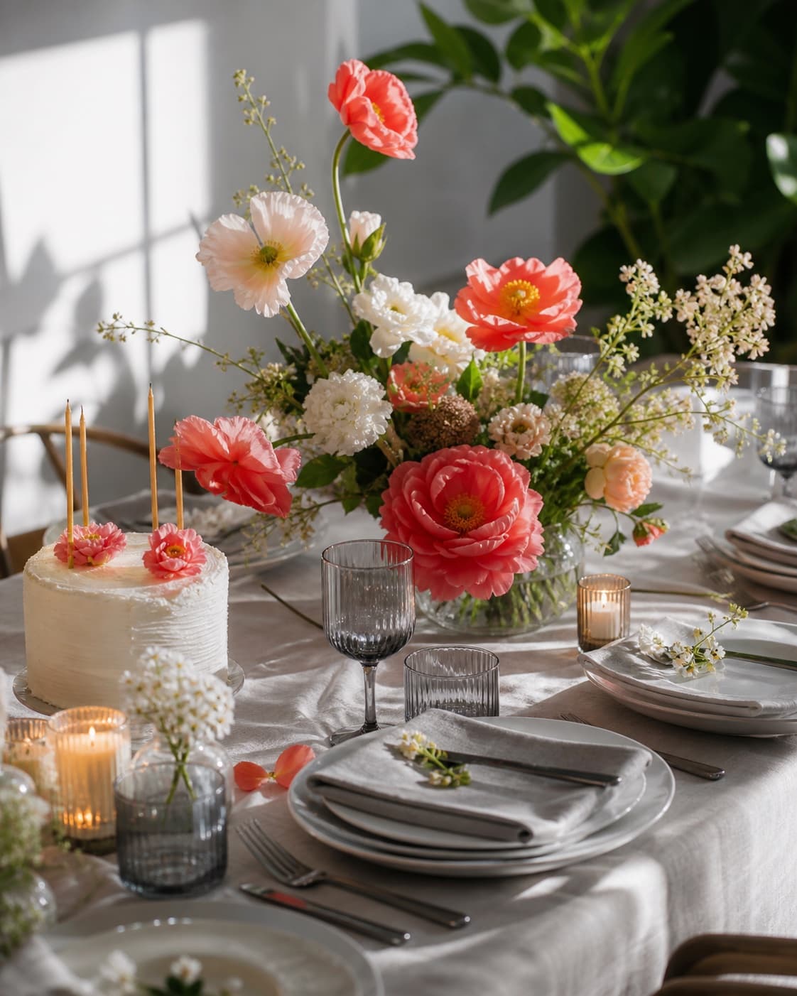 Coral floral birthday tablescape in natural light