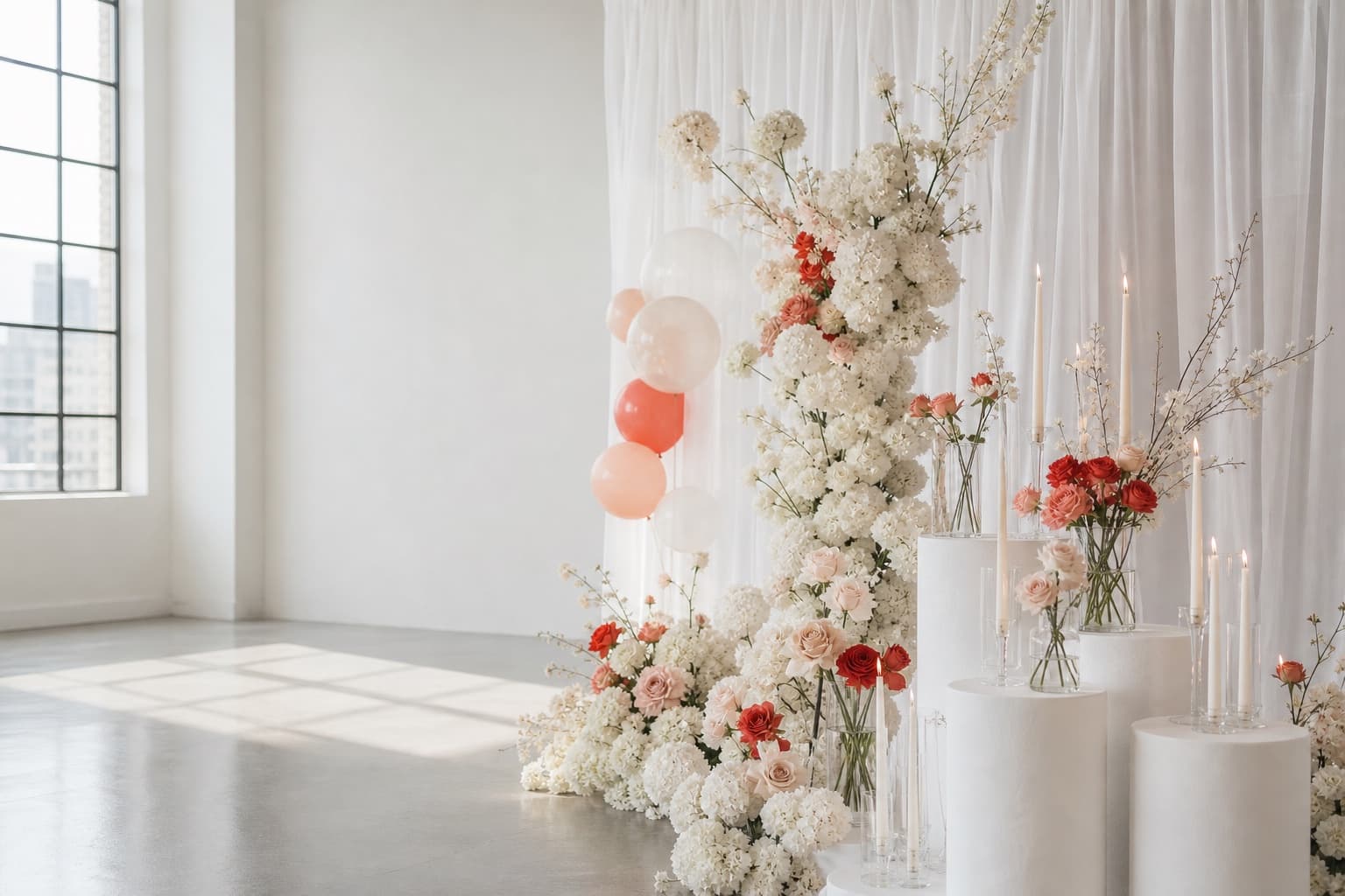 Sculptural white and coral floral event installation