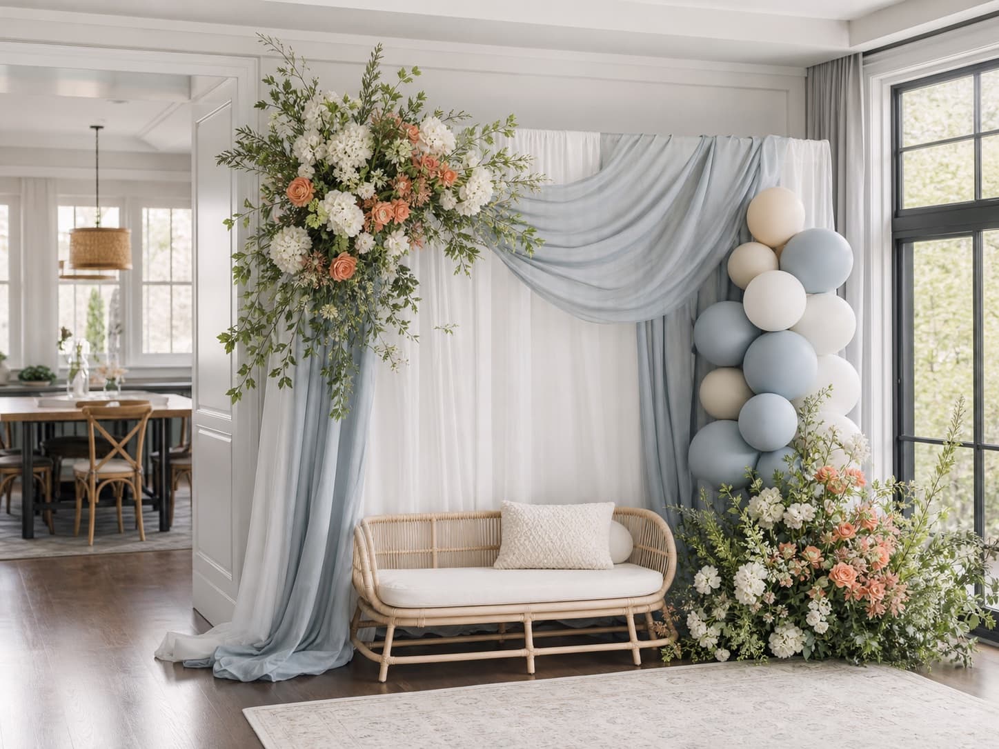 Airy baby shower backdrop with flowers and blue-grey fabric